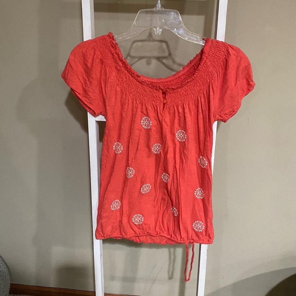 Lucky Brand Coral Smocked Blouse with Floral Accents